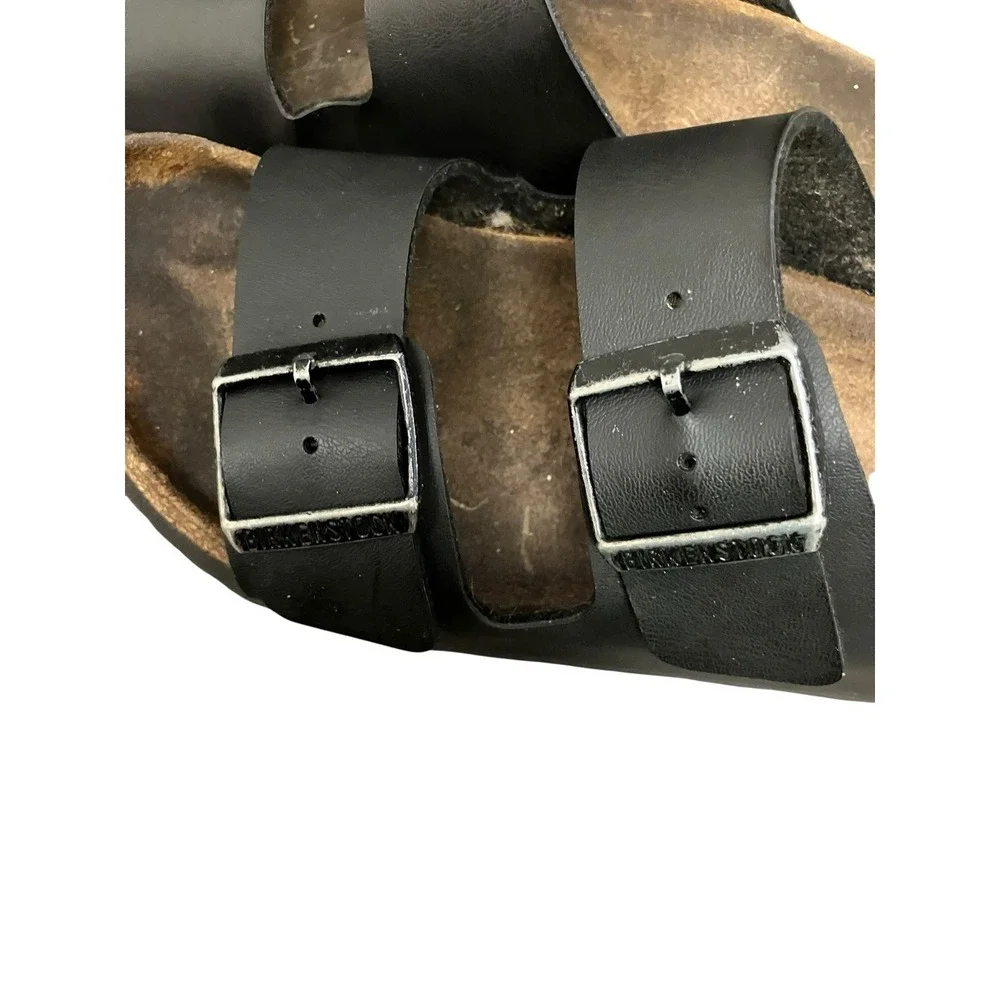 Birkenstock Arizona Black Leather Silver Buckle Comfort Slide Sandals  8-8.5 /39